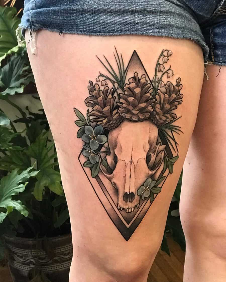 抽象动物头骨大腿松果花卉纹身女子