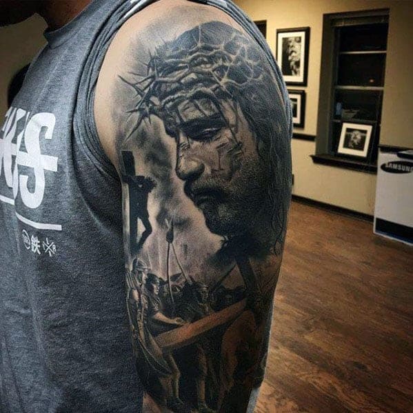 amazing-mens-3d-realistic-jesus-portrait-with-cross-half-sleeve-tattoos
