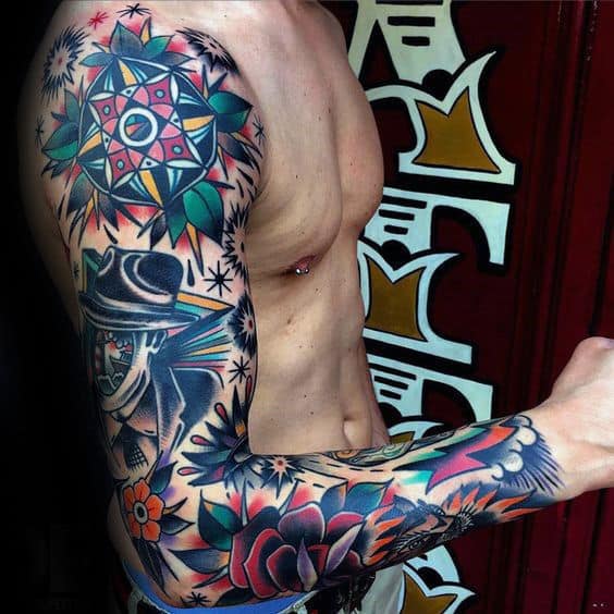colorful-male-traditional-sleeve-tattoo-designs