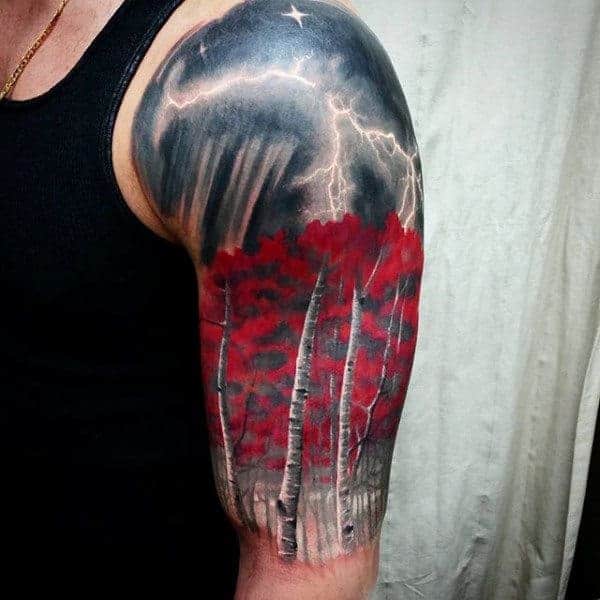 cool-lightning-birch-tree-half-sleeve-tattoos-for-men-with-realistic-design