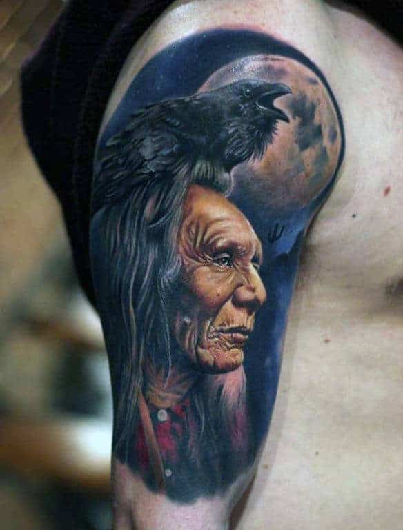 crow-and-red-indian-full-moon-quarter-sleeve-tattoo-men