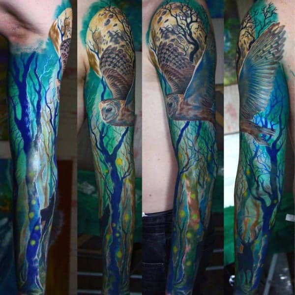 flying-owl-mens-tree-sleeve-tattoos