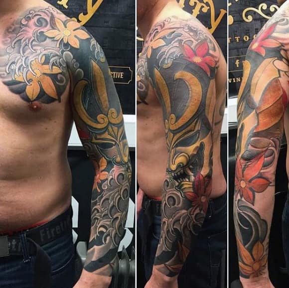 golden-masked-figure-japanese-sleeve-tattoo-for-guys
