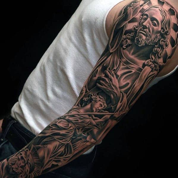 guys-shaded-black-ink-full-arm-jesus-with-angel-tattoo-sleeve
