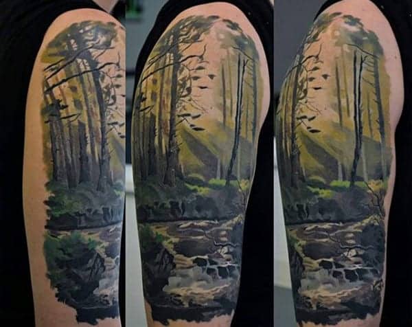 half-tree-sleeve-mens-nature-forest-tattoo-designs
