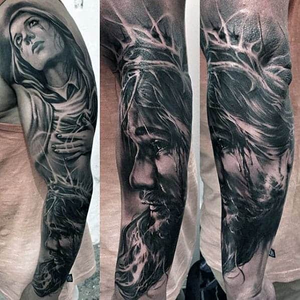 masculine-guys-full-arm-jesus-sleeve-tattoo