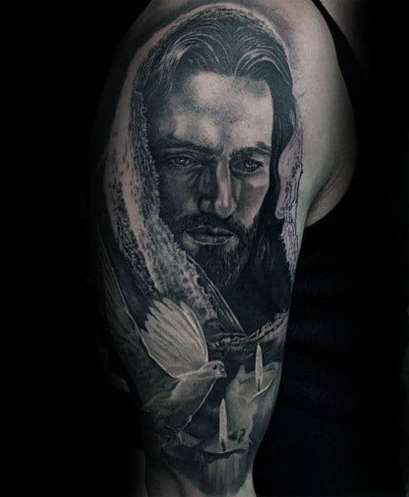 realistic-portrait-of-jesus-with-3d-dove-mens-half-sleeve-tattoo-ideas