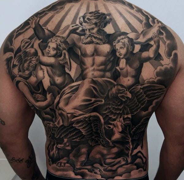 宗教神与天使现代背部阴影黑色墨水男士纹身