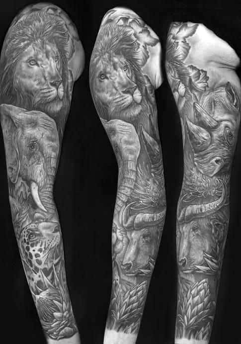 shaded-mens-animal-themed-sleeve-tattoo-with-lion-design