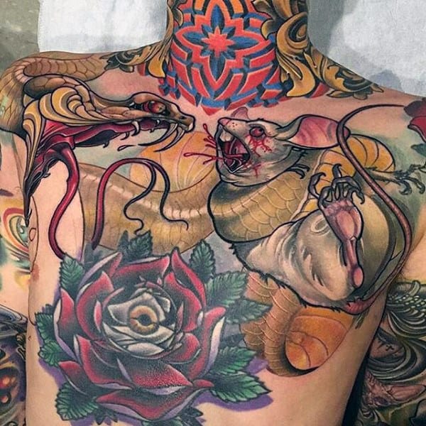 蛇和鼠标现代男士胸部纹身