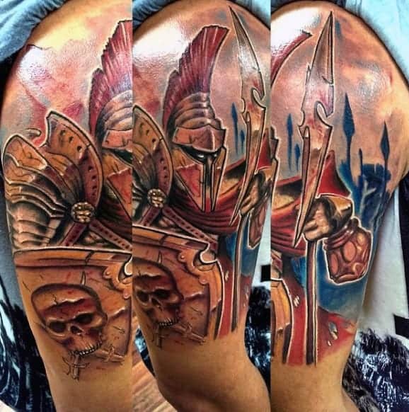 warrior-and-skull-quarter-sleeve-tattoo-for-men