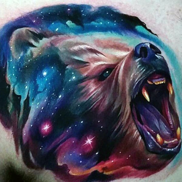 水彩熊宇宙男士现代胸部纹身