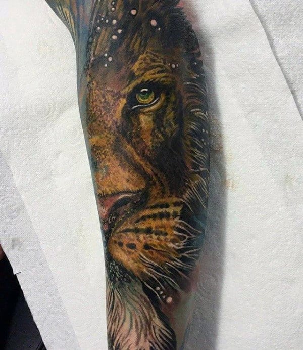 yellow-lion-head-guys-forearm-sleeve-tattoo